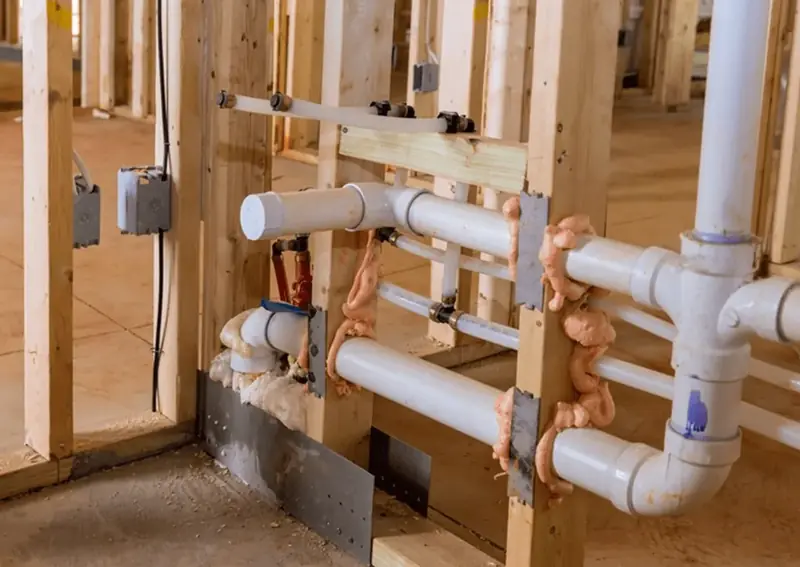 New drain and supply piping roughed in through open wall framing
